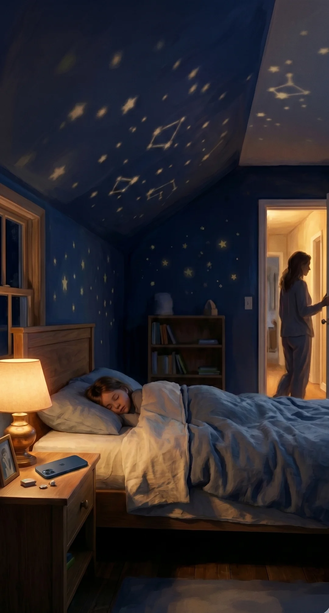 A parent in pajamas pauses in the doorway as their child sleeps peacefully under a soft star-projected ceiling